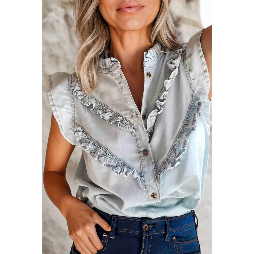 NEW AAPPARELLA cap sleeve frilled button up denim shirt in light blue